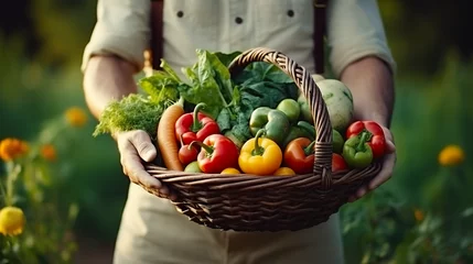  A delighted young farmer holds a basket of fresh vegetables in a natural setting, symbolizing organic, eco-friendly, homegrown, and vegetarian ideals © Vlad