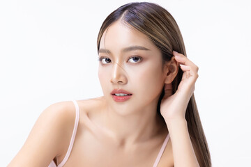 Studio shot of Beautiful young Asian woman with k-beauty make up style shows clean fresh skin on...