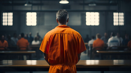 A criminal with a menacing demeanor dressed in an orange jumpsuit typically worn in jail