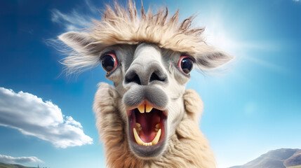 Fototapeta premium A comically expressive llama, portrayed in a humorous meme image