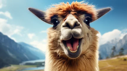 Zelfklevend Fotobehang A comically expressive llama, portrayed in a humorous meme image © Vlad