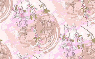 pink sakura japanese chinese traditional vector illustration card background seamless pattern colorful watercolor ink textured - 649060371