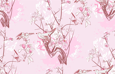 pink sakura branch birds japanese chinese traditional vector illustration card background seamless pattern colorful watercolor ink textured - 649060385