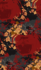sakura dark red japanese chinese traditional vector illustration card background seamless pattern colorful watercolor ink textured