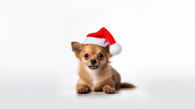 Cute puppy wearing Santa hat on white background.