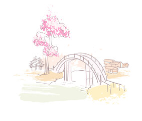 bridge village pastel japanese chinese traditional vector illustration card background colorful watercolor ink textured korean