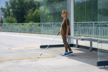 An elderly blind woman is waiting for transport at a bus stop.