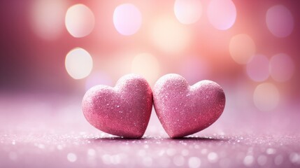 Obraz premium Two hearts on pink glitter background, Valentine's day concept.