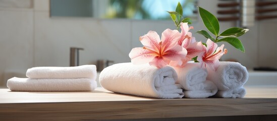 Beautiful bathroom with stacked towels and two hibiscus flowers