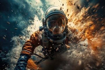 Obraz premium Astronaut flies through an explosion