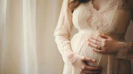 Pregnant woman in dress holds hands on belly. Close up cropped of pregnant woman in dress touching caressing belly, expecting first baby. generative AI  - obrazy, fototapety, plakaty
