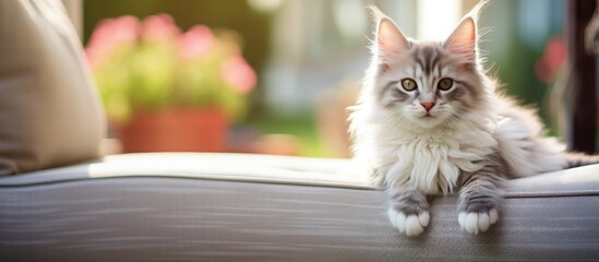 A comical gray and white longhaired cat amusingly sits in the living room of its home - obrazy, fototapety, plakaty