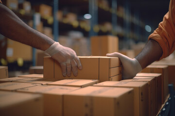 closeup on hands of workers moving cardboard boxes in a warehouse or delivery center of an online ecommerce store, ready for shipping and delivery in a big storehouse