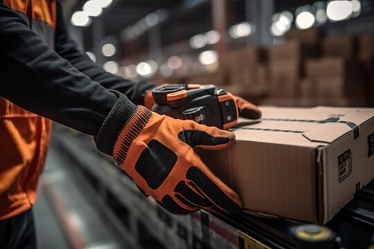 close-up on hands of a warehouse worker tagging and putting labels or labeling boxes for delivery. online store and shopping concept
