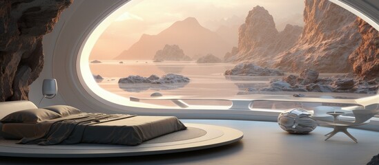 a cozy bedroom with round windows overlooking an alien landscape on another planet