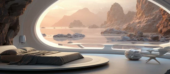 Fotobehang a cozy bedroom with round windows overlooking an alien landscape on another planet © AkuAku