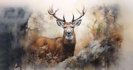 Hunter's Delight, Male Buck with Antlers in Rut Season Watercolor Poster, Print. 