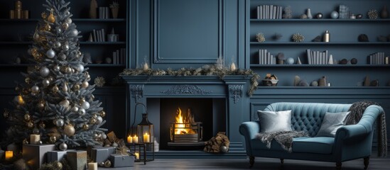 Blue themed living room during the Christmas season