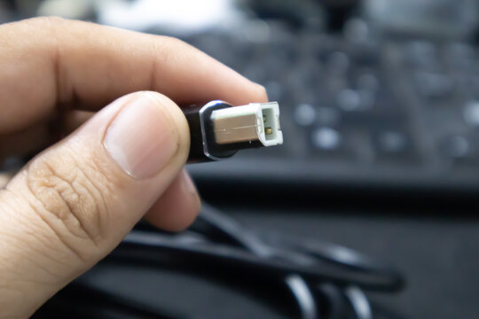 Connectivity in Hand: A Man Holding a Printer Cable