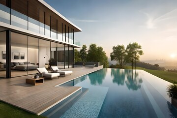 a swimming pool in front of a modern house - obrazy, fototapety, plakaty