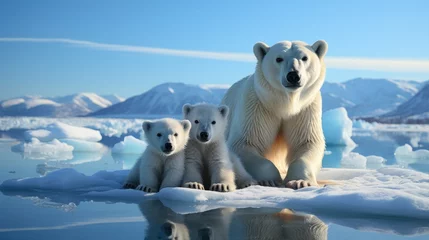Foto op Canvas A majestic polar bear stands protectively with its two cubs on a floating ice platform, amidst a frozen arctic landscape with snowy peaks in the background. © DigitalArt