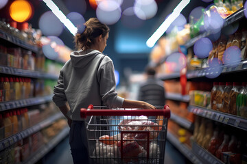 woman in hoodie with shopping cart in supermarket buying