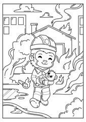 Vector hand drawn doodle coloring book cute monkey being a firefighter help kids from house fire