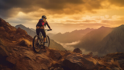 Woman rides sports bike in mountains, cyclist on rock top at sunset