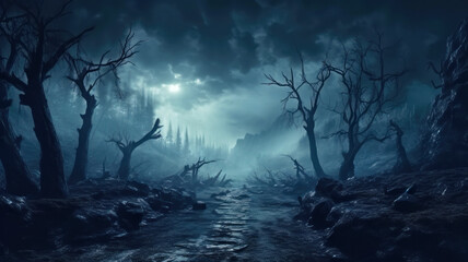 Scary dark wood, spooky dry trees and blue mist in mystic fairy forest - obrazy, fototapety, plakaty