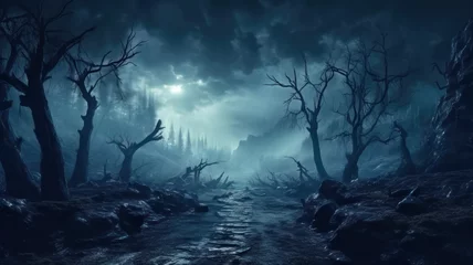 Tuinposter Scary dark wood, spooky dry trees and blue mist in mystic fairy forest © scaliger