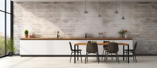 a panoramic kitchen featuring a black brick and white wall interior concrete floor wooden countertops white cupboards and a white table with chairs