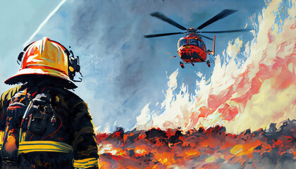 Firefighter and helicopter facing the inferno of a raging wildfire - obrazy, fototapety, plakaty