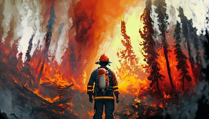 Foto op Canvas Firefighter facing the inferno of a raging wildfire © StandbildCA