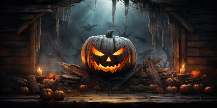 Scary evil pumpkin lantern smiling in damaged barn on Halloween night