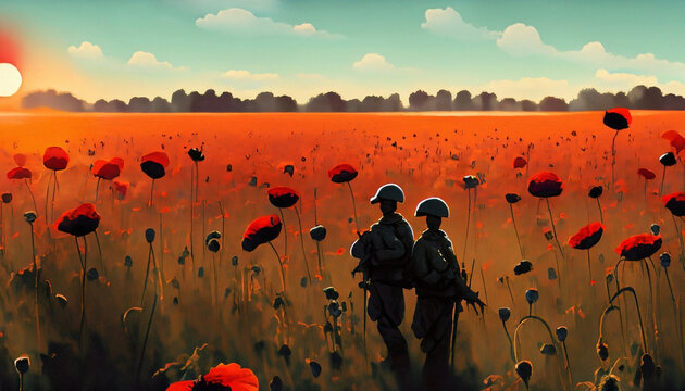 The silhouettes of soldier standing in a field of red poppies honouring our Canadian Veterans and Service Members on Remembrance Day, November 11.