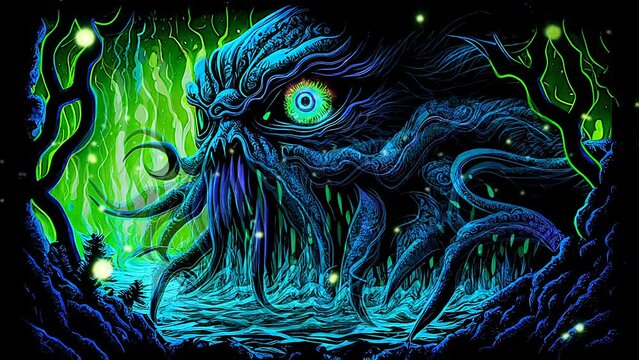 Cthulhu Trippy Blacklight Poster Style VJ Seamless Animation Looping Video Neon Colors Strange Nightmare Gods HP Lovecraft Halloween Monsters Tentacle Sea Kraken Otherworldly Alien Scifi Fantasy