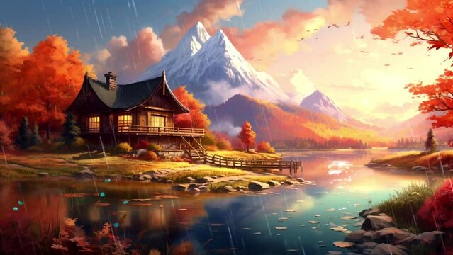 beautiful views of traditional villages on the edge of mountains and lakes, seamless looping video background animation, cartoon style
