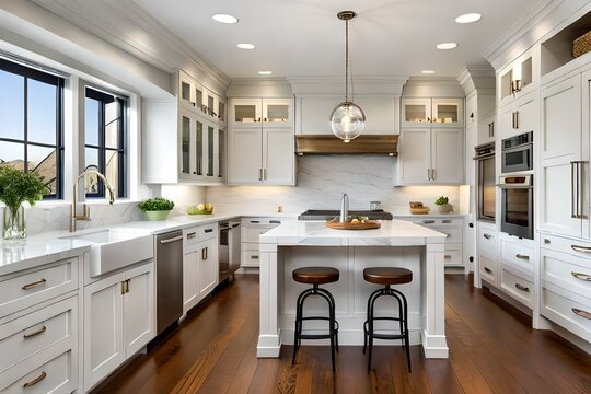 The Gourmet Kitchen Features White Shaker Cabinets With Marble Countertops Paired With A Stone Subway Tile Backsplash And A Stainless Steel Hood Over An Eight Burner Gas Range. Modern Kitchen Interior