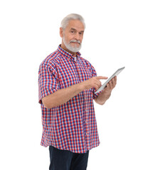 Senior man using tablet on white background