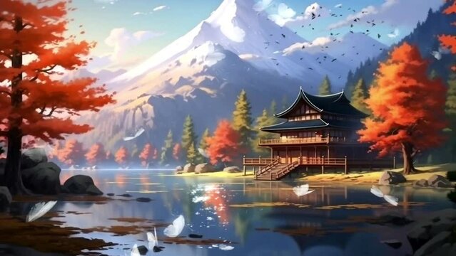 beautiful views of traditional villages on the edge of mountains and lakes, seamless looping video background animation, cartoon style