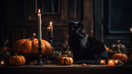 black cat in a halloween setting with candles and pumpkins