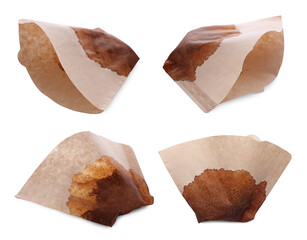 Set with used coffee filters isolated on white