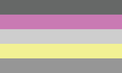 Perigirl Pride Flag. The grey stripes represent areas "in-between" genders, the yellow bars represent being non-binary, and the pink lines represent femininity.
