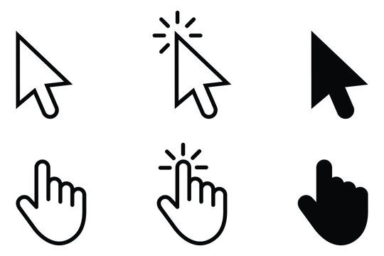 Computer mouse click cursor gray arrow icons set and loading icons. Cursor flat icon. Vector illustration. Mouse click cursor collection. Clicking hand finger icon mouse pointer.