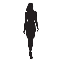 Vector Silhouette of a Standing Woman with Long Legs, Dressed in an Office Dress and High Heels, Figure of a Young Girl, Sexy Profile, Black Color, Isolated on a White Background.