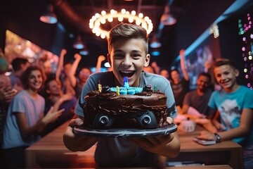 Happy boy holding birthday cake with candles on it during party in bar - obrazy, fototapety, plakaty
