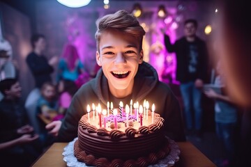 Portrait of a boy holding a birthday cake with burning candles.