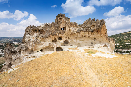 Historical ancient Frig (Phrygia, Gordion) Valley. Tomb (shrine, turbe) and old cemetery. Frig Valley is popular tourist attraction in the Yazilikaya, Afyon - Turkey.