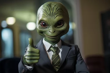 Zelfklevend Fotobehang Alien shows thumbs up gesture. Portrait with selective focus and copy space © top images