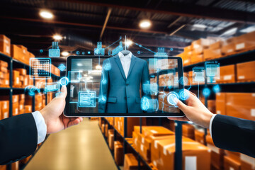 A digital Transformation: Integration between technology and business, with elements like an augmented reality overlays on physical products.